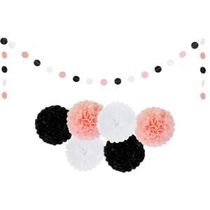 Party Decorations 12 Pink Black White Pom Pom Flowers and 2 Garland Strands